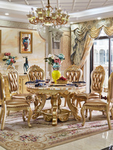 欧式大理石餐桌椅组合圆形贵族金色全实木餐台带转盘小户型吃饭桌