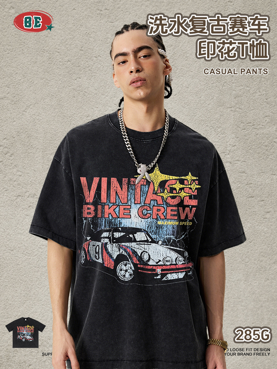 Be Hombres| Marca de moda americana de alta calle suelta impresión de carreras camiseta de nieve frita hacer agua vieja lavada hombro manga corta