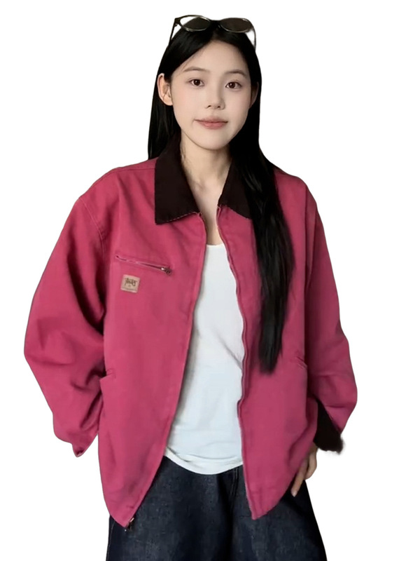 美式复古粉红色工装夹克外套女早秋季2025新款小个子薄款宽松上衣|undefined