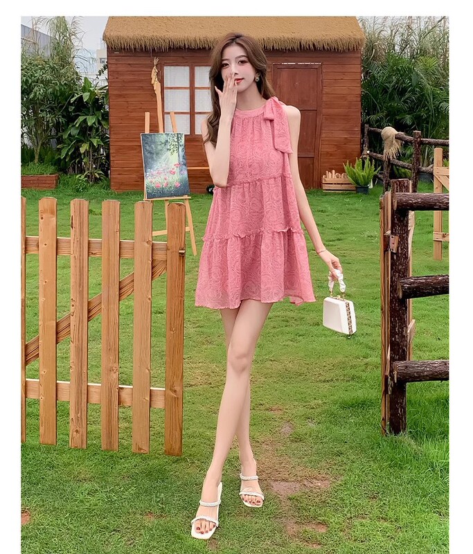 Sleeveless Halterneck Dress for Women Summer Floral Suspender Tea Break Platycodon French First Love Pure Milk Sweet Princess Dress