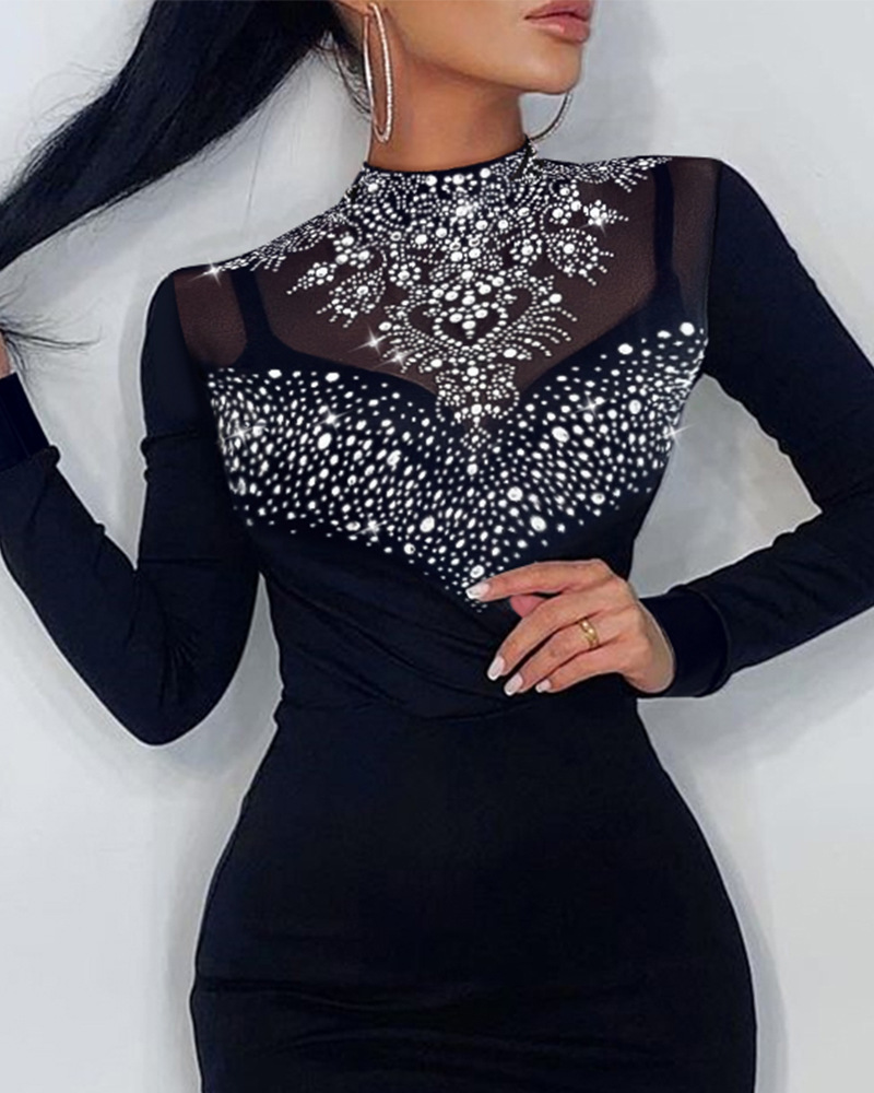 Women's Black Dress Sexy High Neck Diamond Long Sleeve Geometric Above Knee Street display picture 1