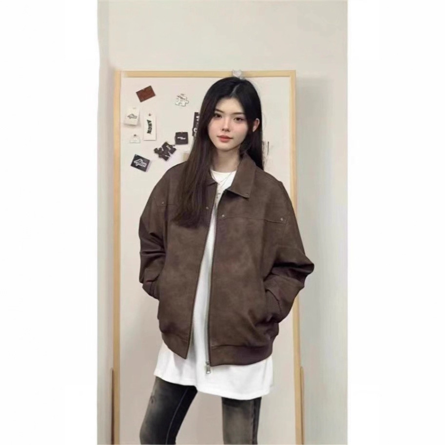 Autumn and Winter Retro Brown Leather Jacket for Men, American Style Couple Trendy High-End Loose Lapel Biker Jacket for Women