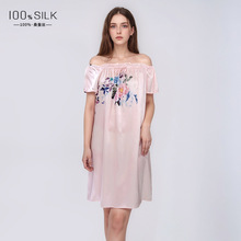 2026法式真丝睡裙100%桑蚕丝丝绸数码印花一字肩家居服娃娃连衣裙