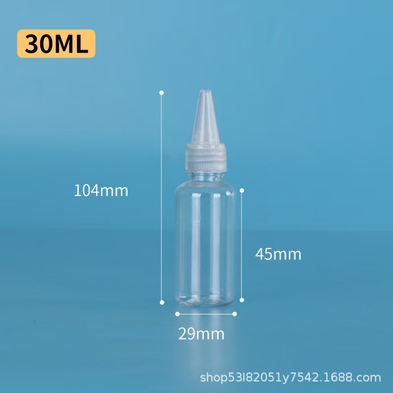 Botellas de boca puntiaguda exprimidas transparentes al por mayor al contado de 30 ML 50 ml en botellas de plástico PET en botellas vacías de pigmento de pegamento