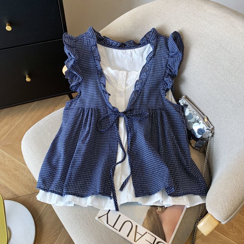Real Shot of Korean Plaid Fake Two-Piece Shirt for Women with Age-Reducing Loose Sleeveless Babydoll Vest Top