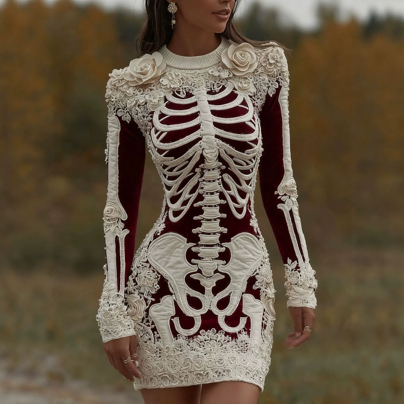 International cross-border independent site Gothic women's skull bodycon dress Halloween costume slim-fit dress