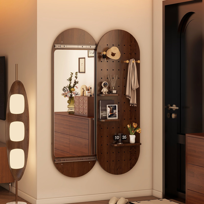 Solid Wood Perforated Board Dressing Mirror, Hidden Sliding Mirror, Full-Length Mirror, Home Closable Entrance Wall-Mounted Fitting Mirror