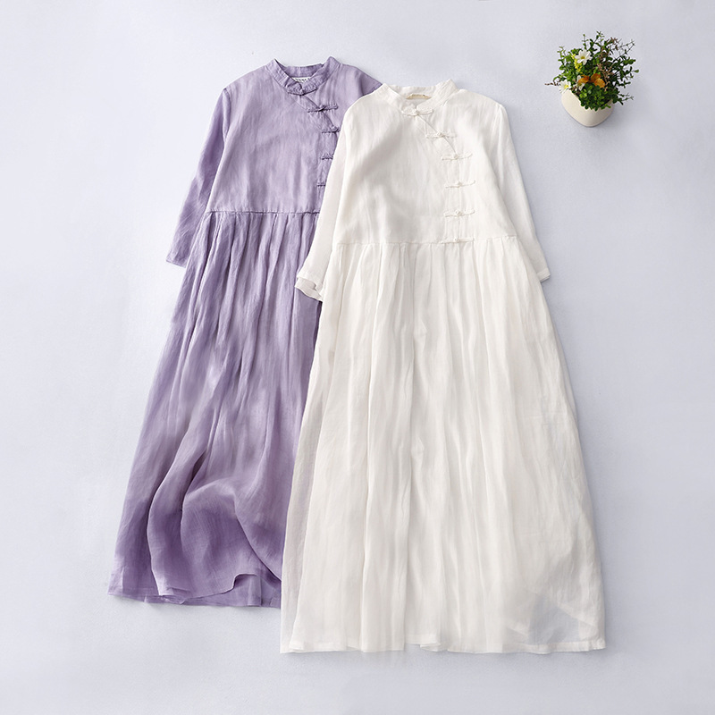 Ramie Dress for Summer, Elegant Small Stand-Up Collar, Three-Quarter Sleeves, Retro Button Design, Solid Color, Flowing and Ethereal Long Dress in Purple