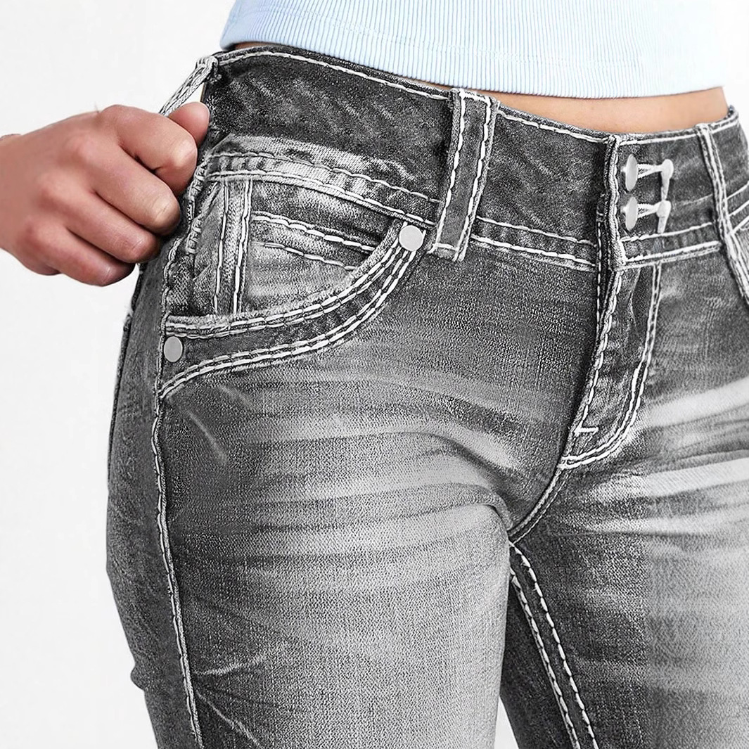 [Customer Exclusive] ATC70562# Cross-border European and American Women's Front Button Pocket Tight Denim Flared Pants