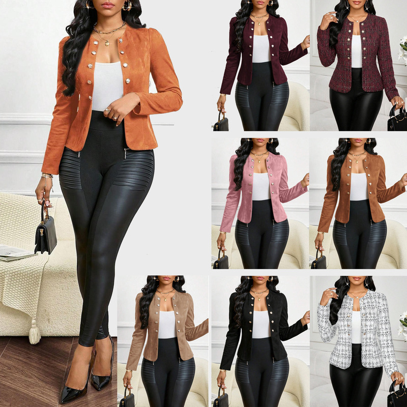 2025 Amazon Cross-Border European and American Autumn Fashion Slim Short Double-Breasted Women's Long-Sleeved Unlined Suit Jacket