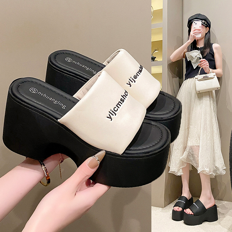 9cm Ultra-High Heel Height-Increasing Thick-Soled Slip-On Sandals for Women, 2026 Summer New Fashion Lettered Sandals