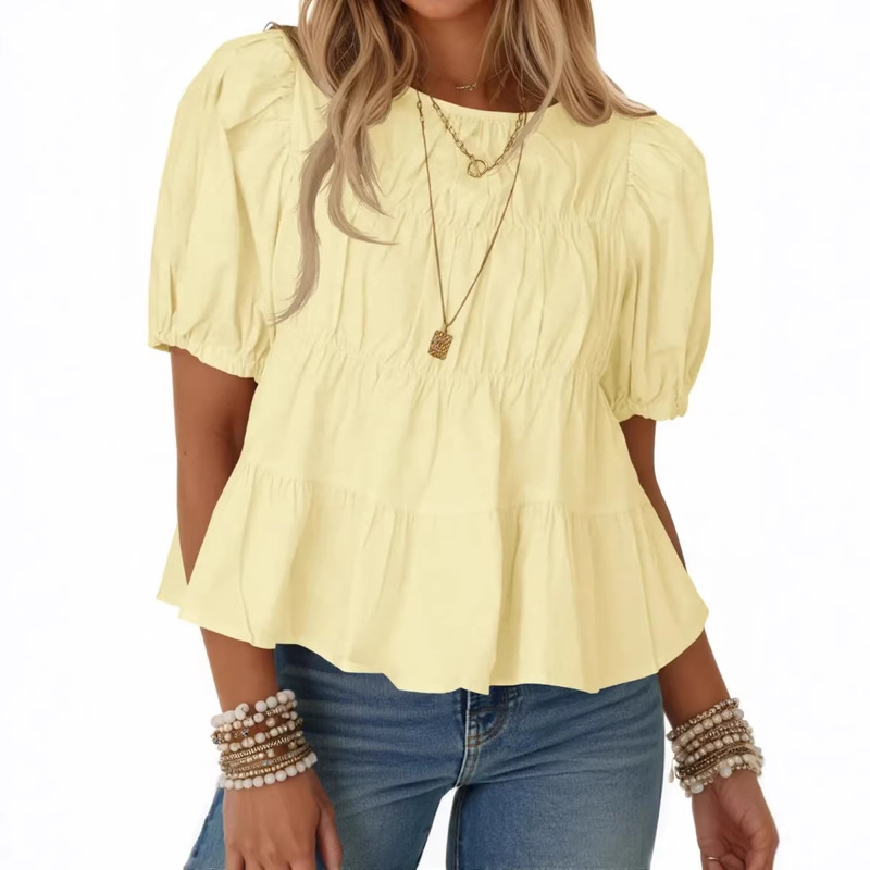 Cross-Border New Foreign Trade Hot-Selling Puff Sleeve Shirt for Women, Short-Sleeve Top, Fashionable and Versatile, Pleated Layered Puff Short Sleeves Cross-Border New Foreign Trade Hot-Selling Puff Sleeve Shirt for Women, Short-Sleeve Top, Fashionable and Versatile, Pleated Layered Puff Short Sleeves