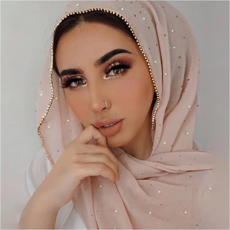 Best-Selling High-Quality Pearl Chiffon Rhinestone Chain Scarf Long Shawl Women's Silk Scarf Ethnic Headscarf
