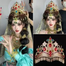 新疆舞头饰敦煌异域风哈尼配饰皇冠全套彩宝皇冠额饰多层项链写真