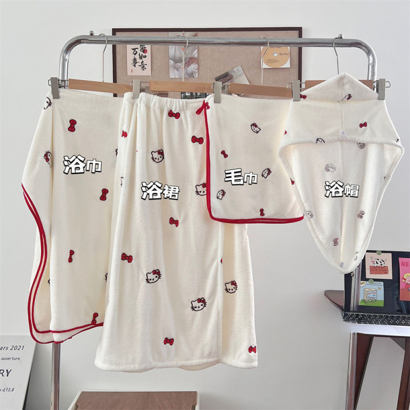 刺繍珊瑚のベルベットのバスタオルの漫画の柔らかいバスのスカートのタオルのセットの吸水の柔らかいモチのカップルの家の睡眠のスカートの卸売り|undefined