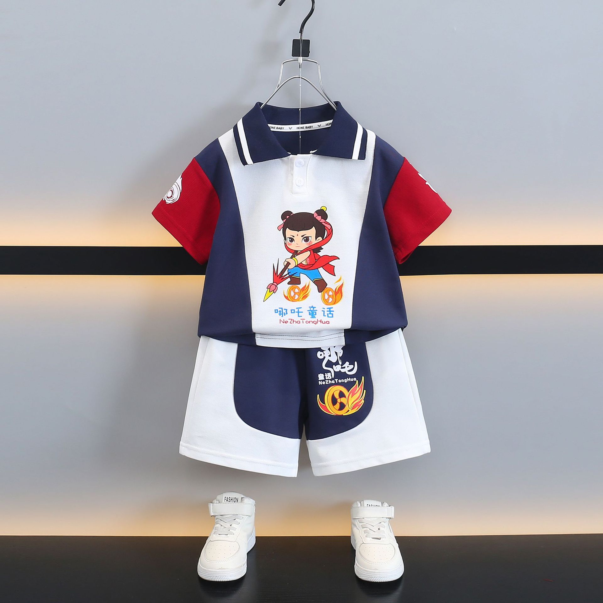 7784 traje de verano para niños 2025 nuevo estilo estilo occidental camisa polo para niños de dos piezas de manga corta ropa de verano para bebés