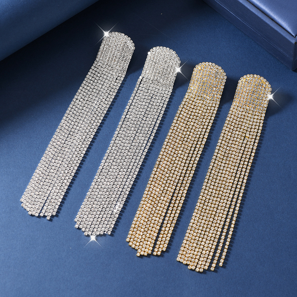 Pendientes grandes exagerados europeos y americanos llenos de diamantes, borlas largas, pendientes de alta gama, temperamento de moda 2025, pendientes de celebridades de Internet, mujeres