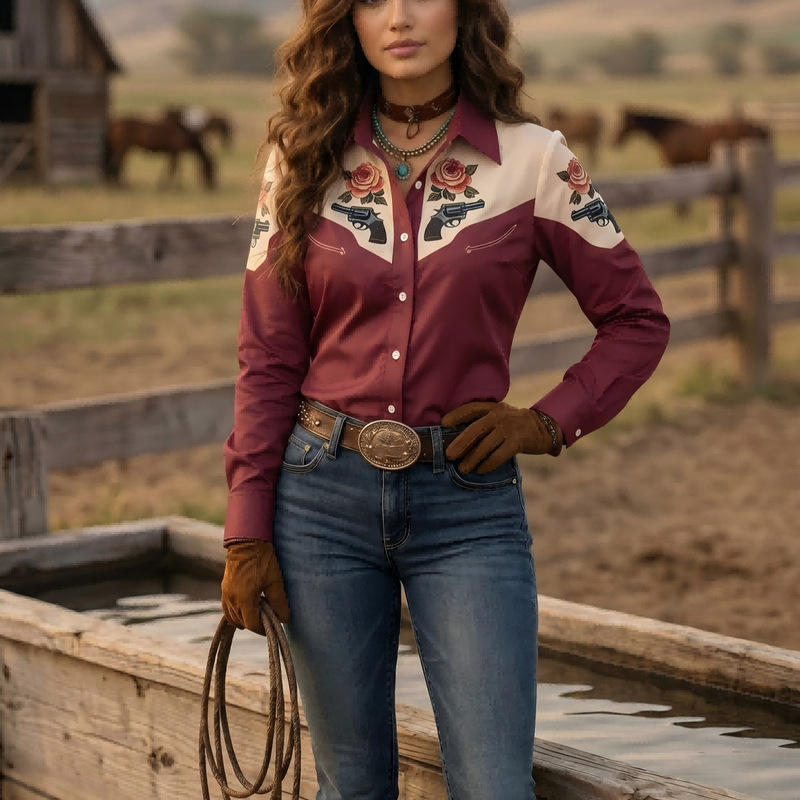 Hot Girl Style Rose Print Shirt, Burgundy Color-Blocked Long-Sleeved Top with a Turn-Down Collar Hot Girl Style Rose Print Shirt, Burgundy Color-Blocked Long-Sleeved Top with a Turn-Down Collar
