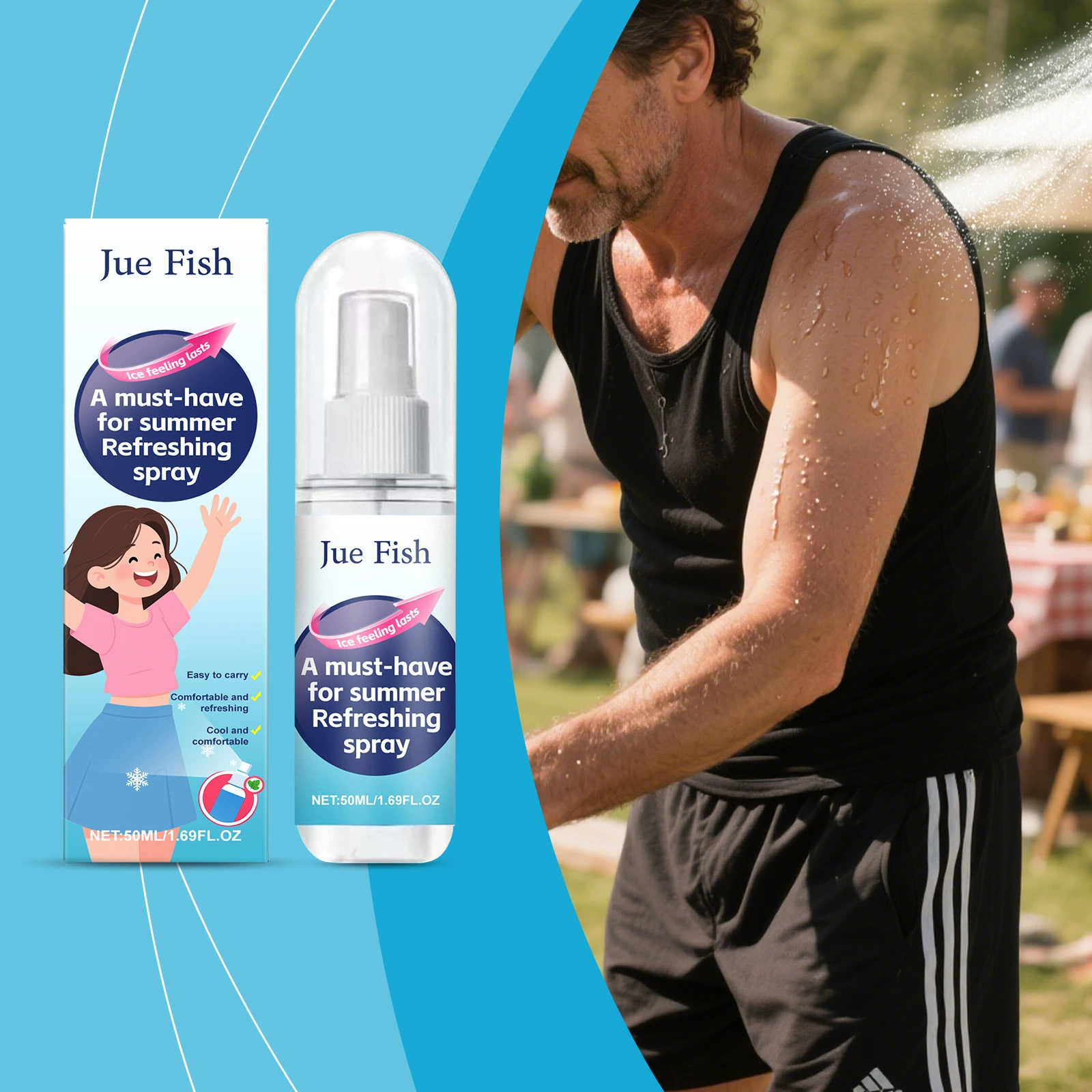 Летний охлаждающий спрей Jue Fish, портативный охлаждающий спрей для улицы, ощущение прохлады, клетчатый, нелипкий спрей для ежедневного ухода