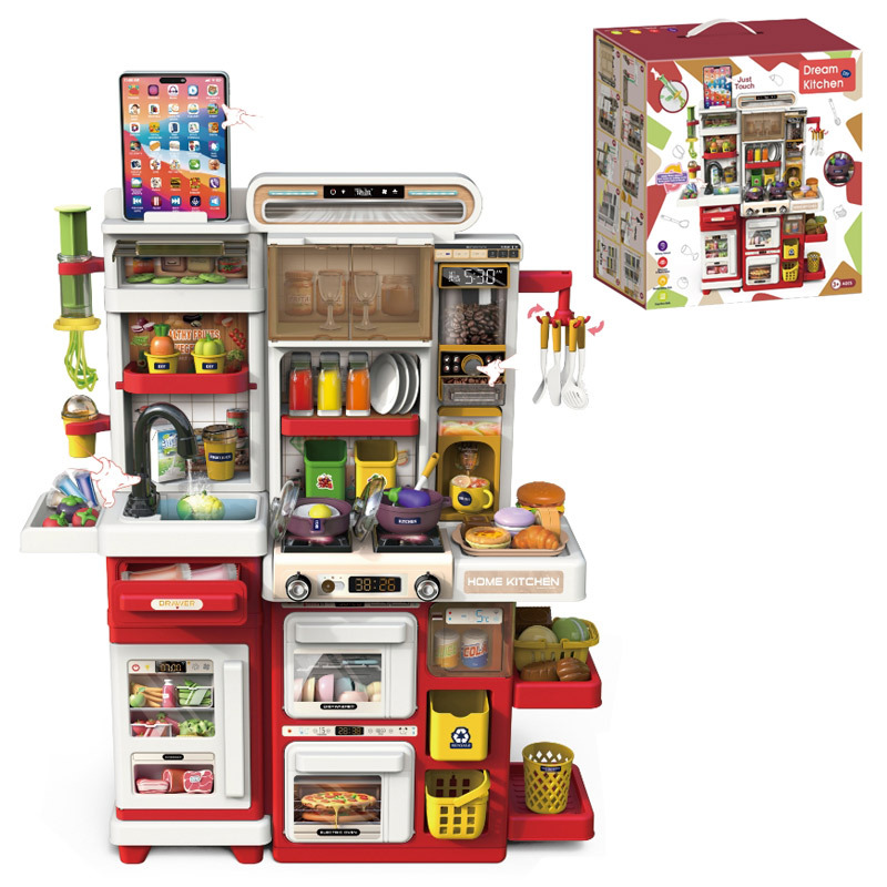 Juguetes de cocina para niños 66 cm doble gabinete grabación de pulverización función de barro de color conjunto de mesa de comedor simulación de juguetes