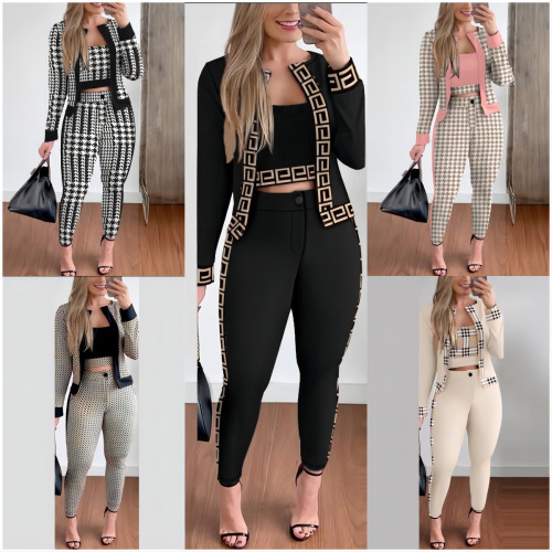 Creative Spring and Autumn European and American Street Style Fashion Women's Tank Top Open Jacket Tight Pants Three-Piece Set Best Selling