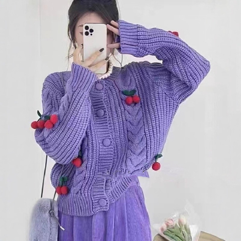 秋冬新款别致樱桃减龄甜美毛衣女韩版宽松慵懒风上衣圆领针织开衫|undefined