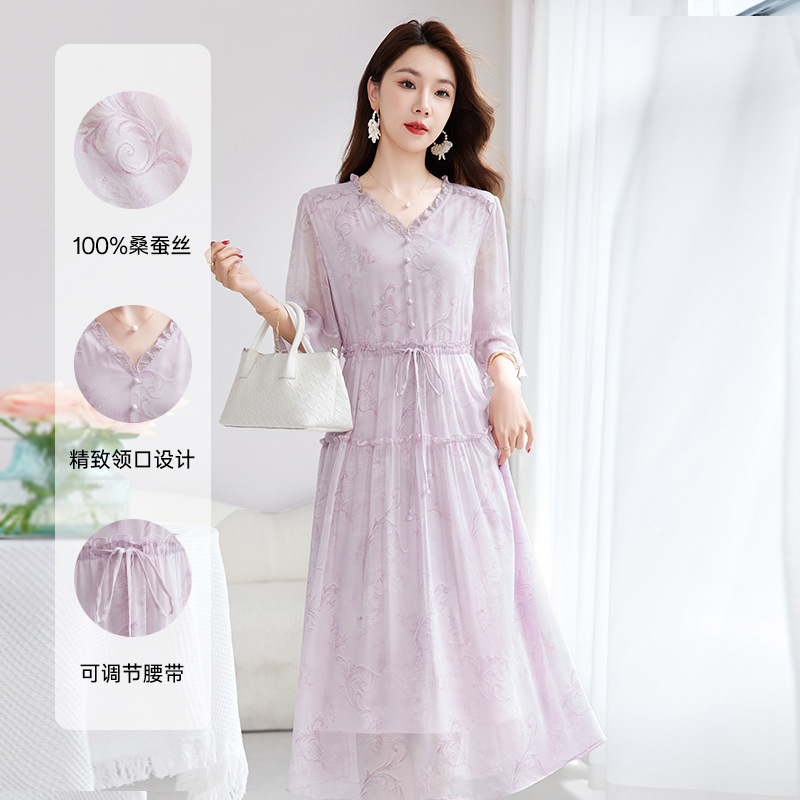 [Fresh and cool] plus size silk dress women's summer 100 mulberry silk georgetto printed fairy dress 1131