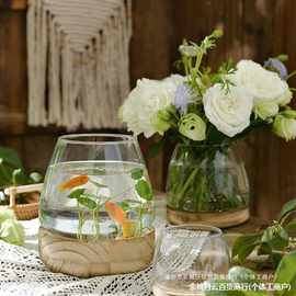 批发金鱼缸圆形鲜花缸插花摆件玫瑰玻璃花瓶透明小型鱼缸绿萝水培