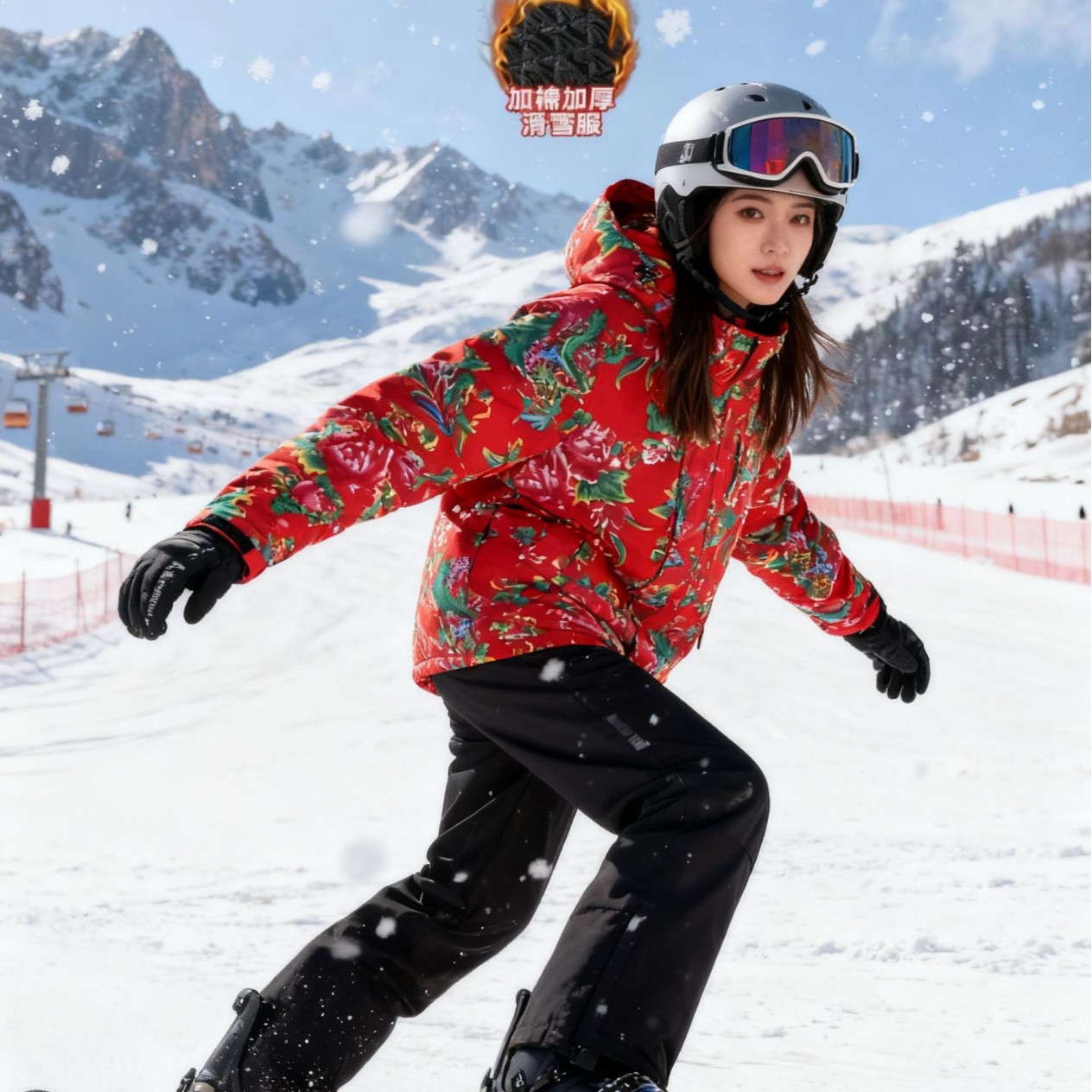 中国风东北大花袄滑雪服套装男女同款加棉加厚保暖外套滑雪衣裤