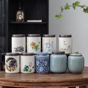 ♡ Chinese Ceramic Tea Can Household Moisture-Proof Sealed Can Black Tea Green Tea Half Pound Single Can Universal Tea Storage Can