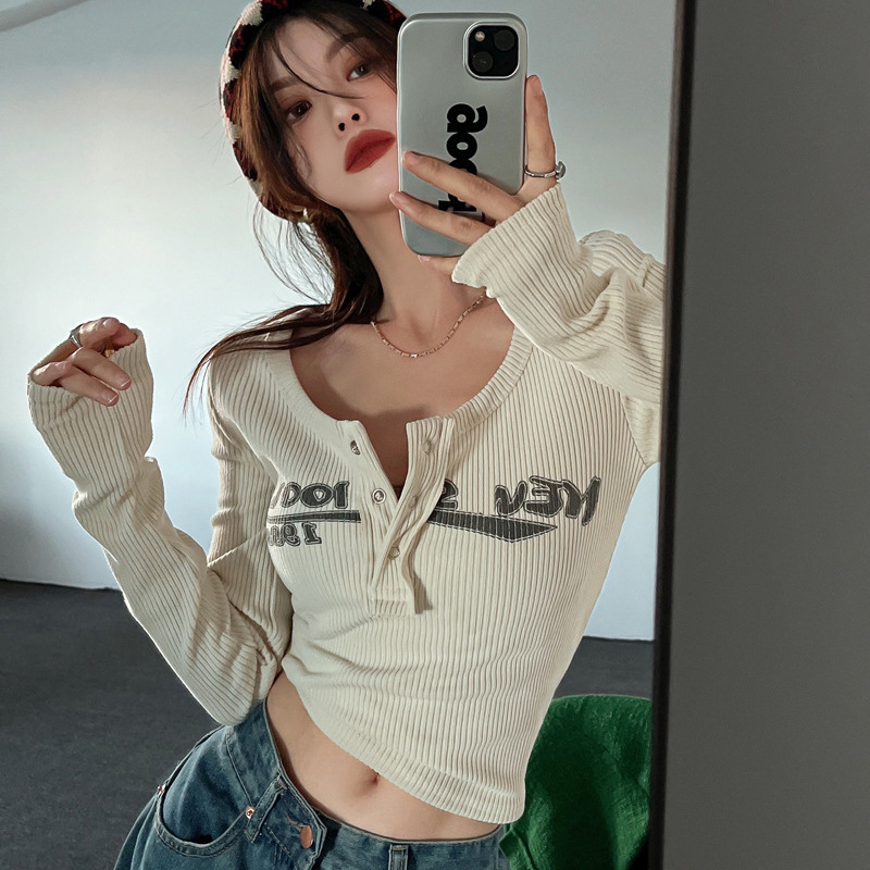American Style Hot Girl Sexy Pit Base Shirt ins Fashionable Letter V-neck Slim-fit Slim-fit Long-sleeve Cropped Top Women's Autumn American Style Hot Girl Sexy Pit Base Shirt ins Fashionable Letter V-neck Slim-fit Slim-fit Long-sleeve Cropped Top Women's Autumn