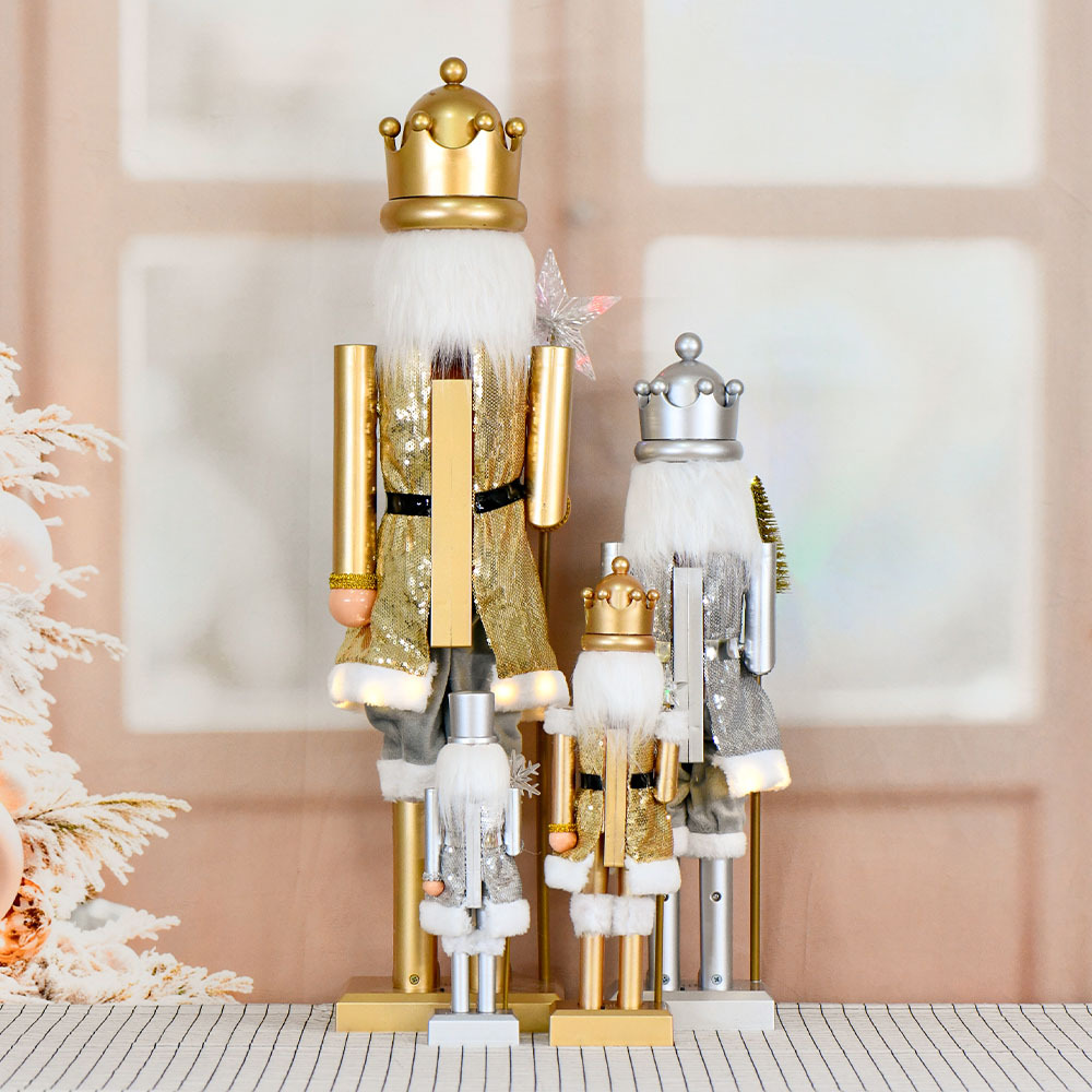 Inventario 30, 40, 60, 80cm de plástico cascanueces soldados decoraciones oro y plata copo de nieve bandas de lámparas de música