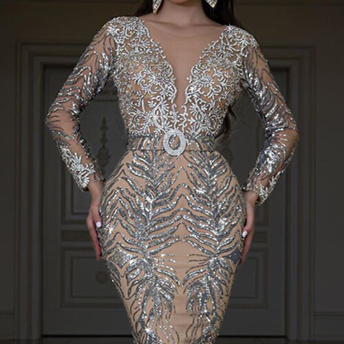 New European and American women's dress, bronzing long-sleeved, slim, sexy fishtail mop evening dress