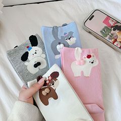 秋冬无骨可爱袜子女韩国风卡通立体狗学院风精梳棉中筒女袜学生袜