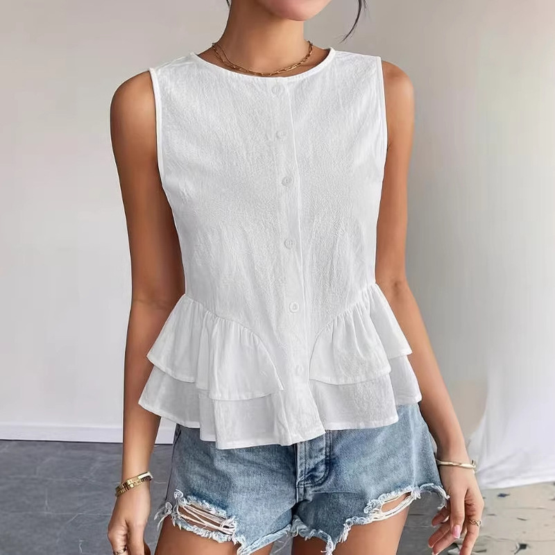 2026 European and American Summer New Cross-Border Fashion Elegant Simple Round Neck Ruffled Hem Solid Color Sleeveless Vest for Women