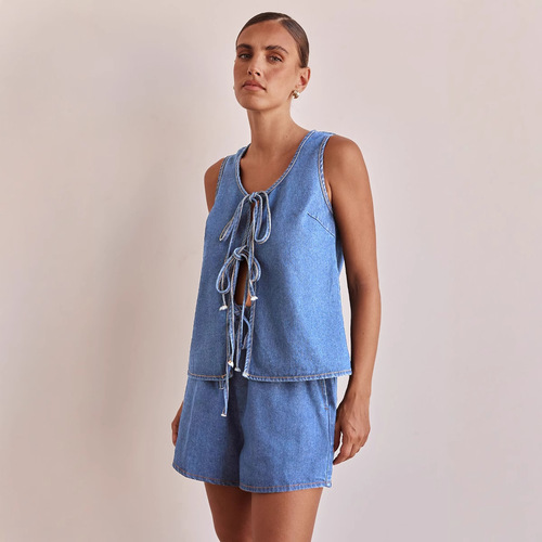 Independent station cross-border European and American style summer fashion casual sleeveless lace-up high waist women's vest denim suit shorts