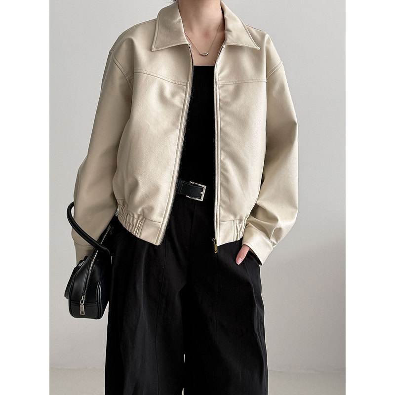 Lushi Korean Motorcycle Style High-End Lapel Leather Jacket for Women 25 Autum New Waist Casual Jacket 3708