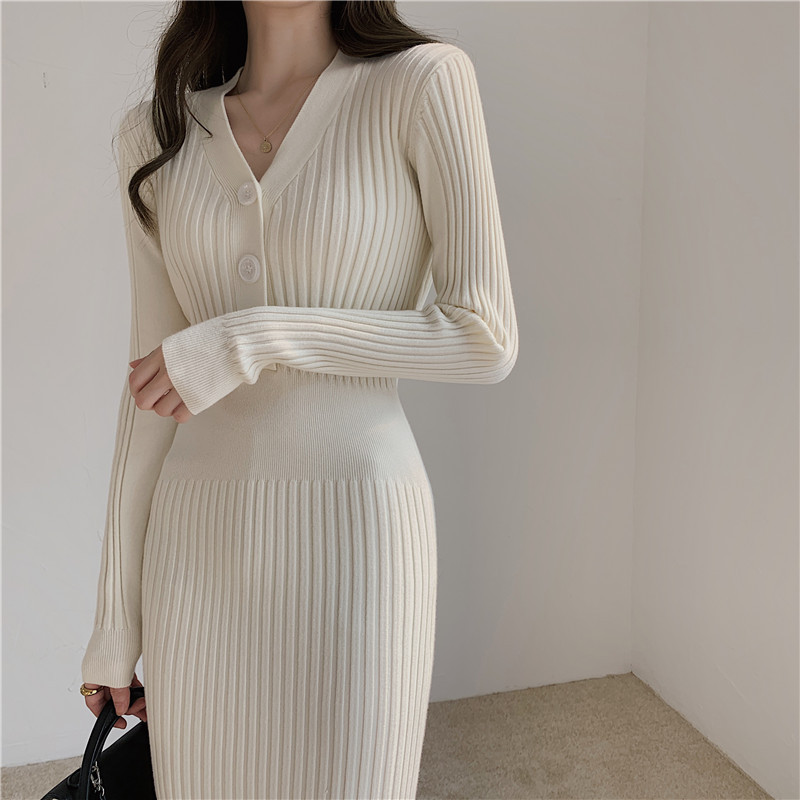 Autumn And Winter Mid-length Skirt Temperament V-neck Light And Mature Wind Apricot Slim Bottoming Skirt Knitted Elastic Thin Hip-pack Wool Skirt