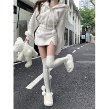 仿羊羔毛纯欲风开衫外套两件套女新款秋冬高腰半身裙套装短裙