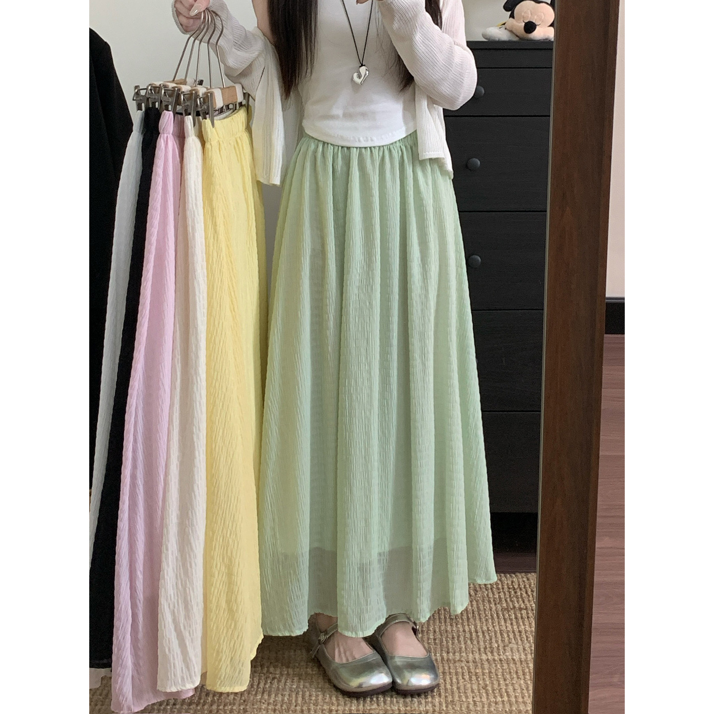Korean Style Casual Fairy-Like Skirt for Women in Summer with Lining New Elastic High Waist Simple Commuter Long Skirt