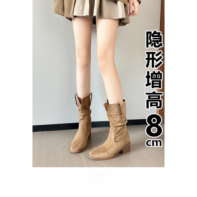 羊皮版赵露思同款尖头堆堆靴短靴女高跟复古西部牛仔骑士靴马丁靴|undefined