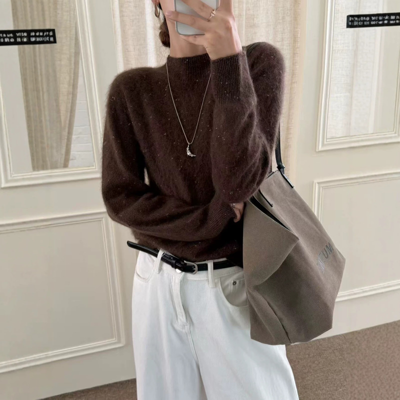 2026 Fall/Winter New Collection: Heavy-Duty Patterned Wool Cashmere Knit Sweater, Short, Relaxed Fit, Loose, Semi-High Collar 2026 Fall/Winter New Collection: Heavy-Duty Patterned Wool Cashmere Knit Sweater, Short, Relaxed Fit, Loose, Semi-High Collar