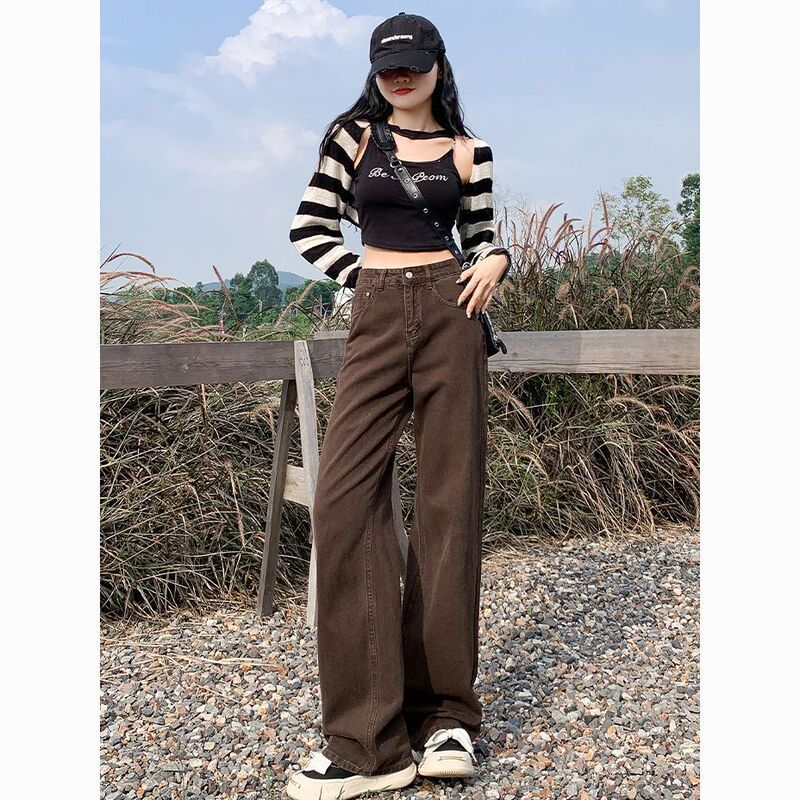 Vintage brown Narrow High Waist Straight Jeans Women's Autumn Spice Girls Slimming Loose-fit All-match Wide-leg Pants Vintage brown Narrow High Waist Straight Jeans Women's Autumn Spice Girls Slimming Loose-fit All-match Wide-leg Pants