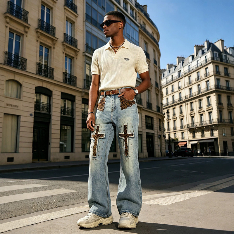 2026 New Model Foreign Trade Cross-Border European and American Style Pocket Leopard Print Jeans American Style Men's Straight-Leg Pants Men Jeans 2026 New Model Foreign Trade Cross-Border European and American Style Pocket Leopard Print Jeans American Style Men's Straight-Leg Pants Men Jeans