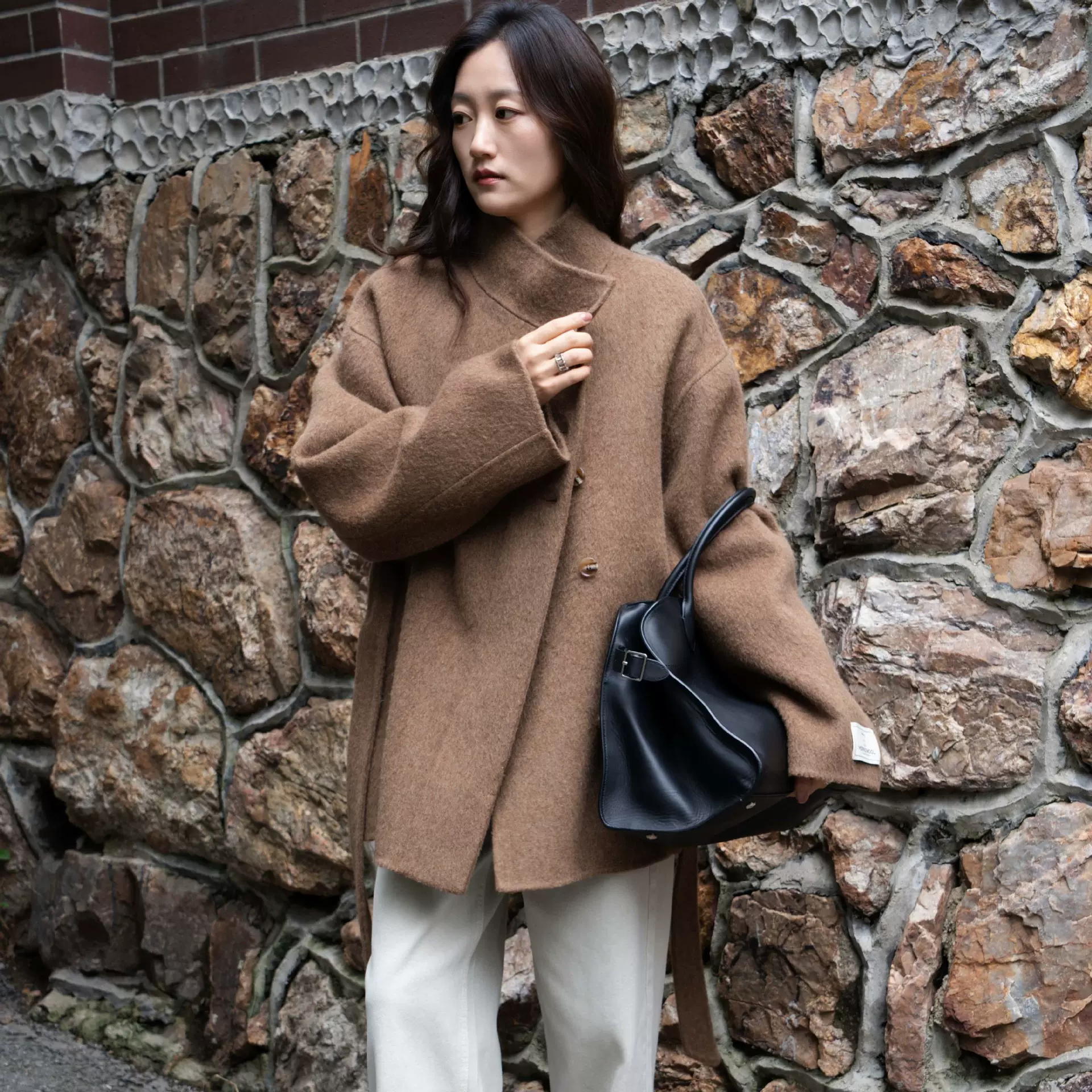 大连宣美~25年复古俏皮系带双面羊毛大衣女秋冬短款新款外套D-503