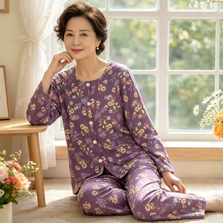 气质花卉国风中老年奶奶宽松大码仿棉圆领开衫家居服长袖套装批发