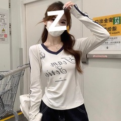 アメリカンホットガールスポーツスタイルコントラストカラーVネック長袖Tシャツレディース初秋デザインスリムウエスト痩身トップ