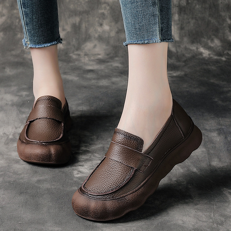Full Cowhide Thick-Soled Loafers for Women with Round Toes, Wide Feet, Fat Feet, Fat Feet, Mom's Shoes, British Style Genuine Leather Shoes, Flats