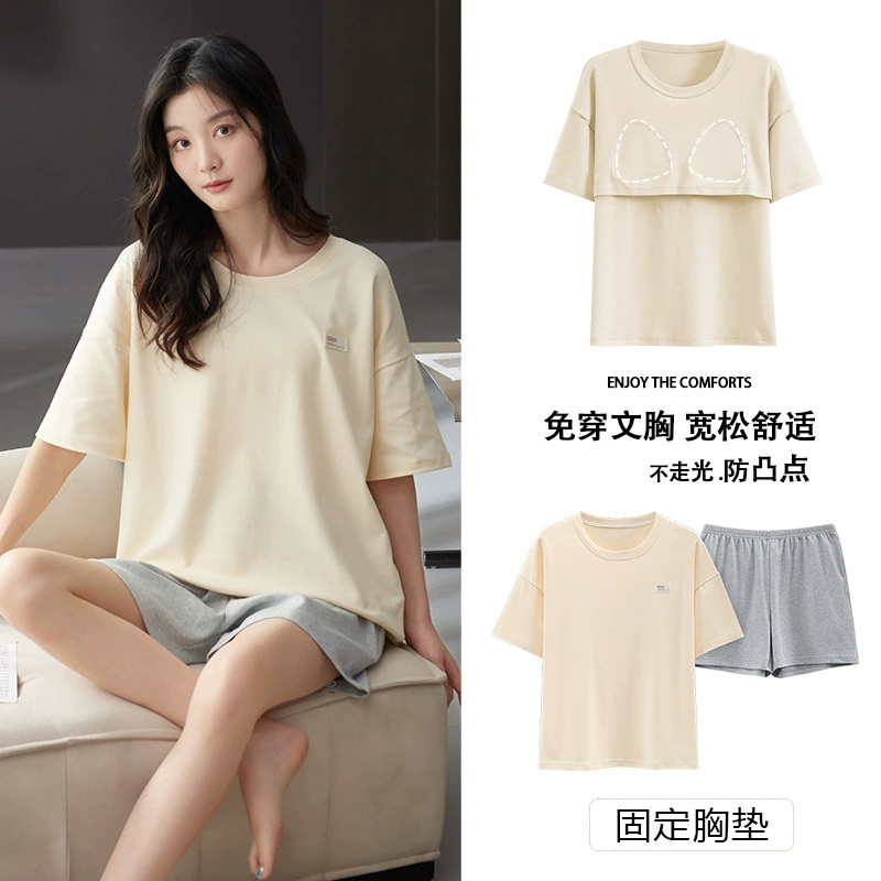 Антибактериальный топ с чашечками, хлопковая милая пижама, мультяшный комплект для отдыха, с коротким рукавом, корейский стиль, оверсайз