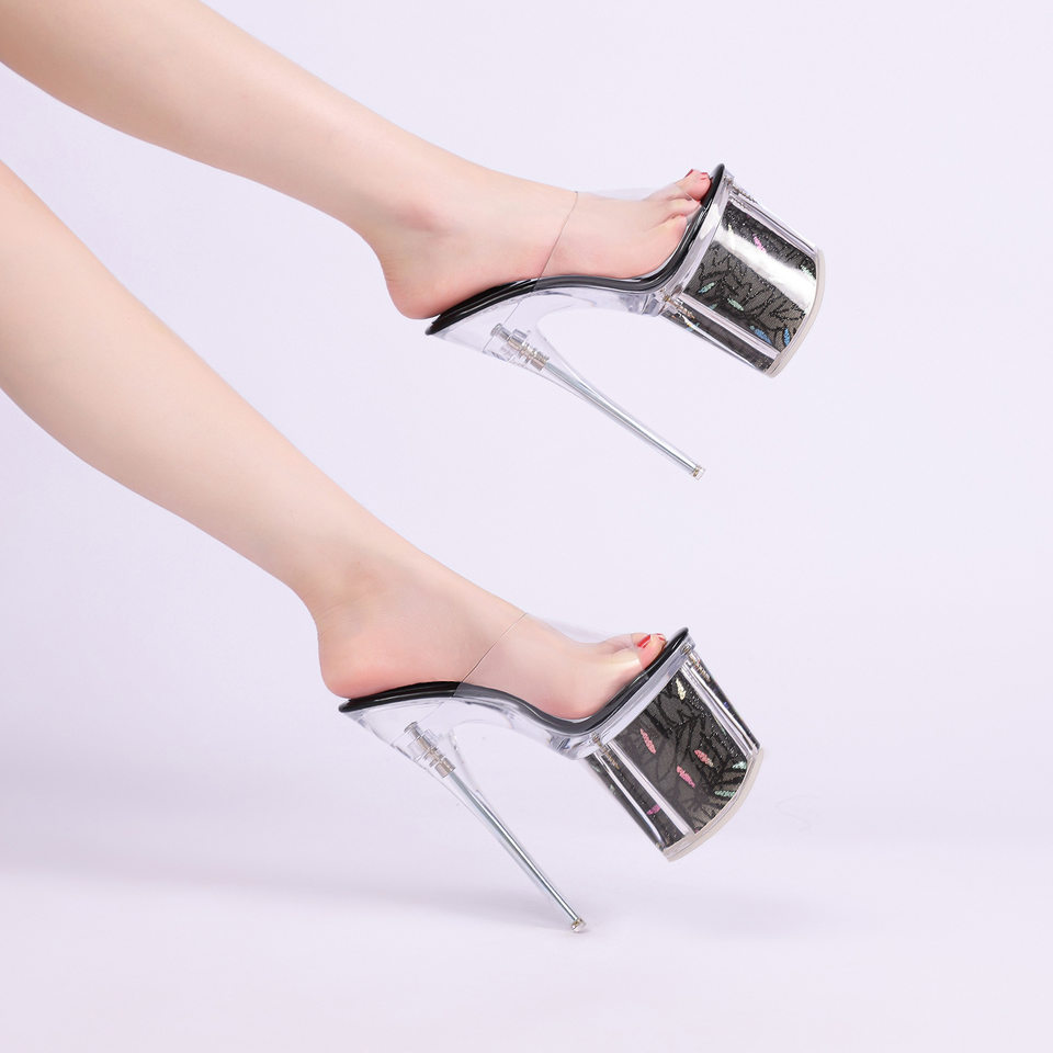 Dép sandal nữ quai ngang gót siêu cao 9 cm mũi hở phong cách Âu Mỹ — bạc, màu vàng, đen chi tiết 8